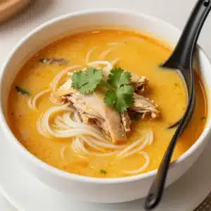 A bowl of easy Thai chicken soup garnished with fresh herbs and spices