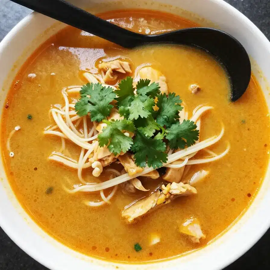 Easy Thai Chicken Soup Recipe with Fragrant Spices 5 A bowl of easy Thai chicken soup garnished with fresh herbs and spices