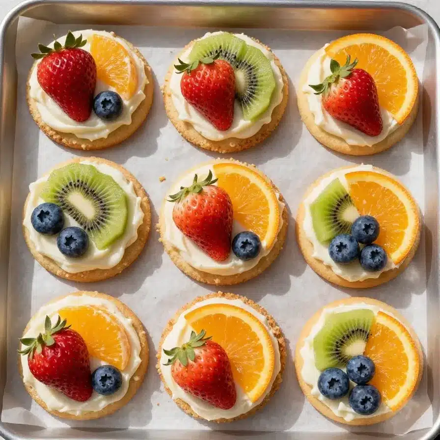 Fruit Pizza Cookies 5 Colorful fruit pizza cookies topped with fresh berries and kiwi slices
