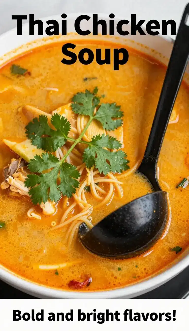 Easy Thai Chicken Soup Recipe with Fragrant Spices 9 A bowl of easy Thai chicken soup garnished with fresh herbs and spices