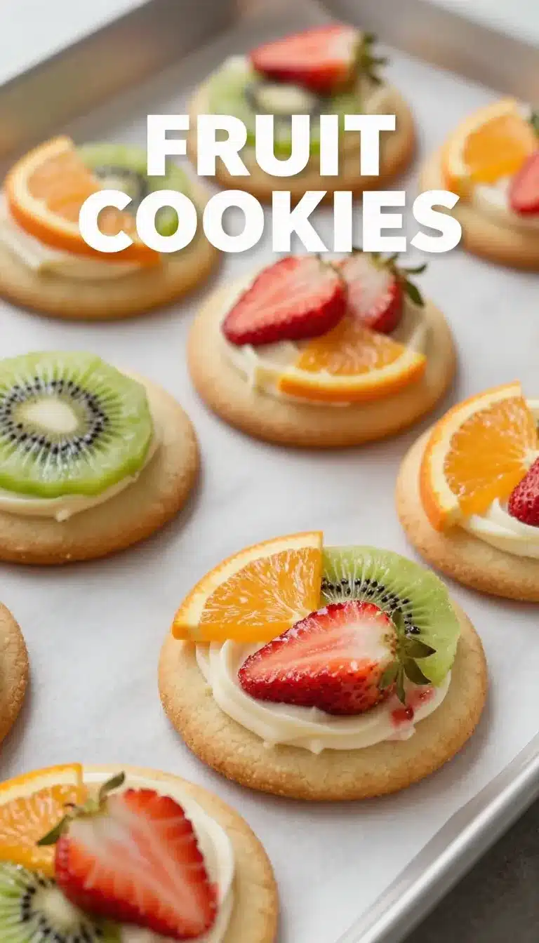 Fruit Pizza Cookies 9 Colorful fruit pizza cookies topped with fresh berries and kiwi slices