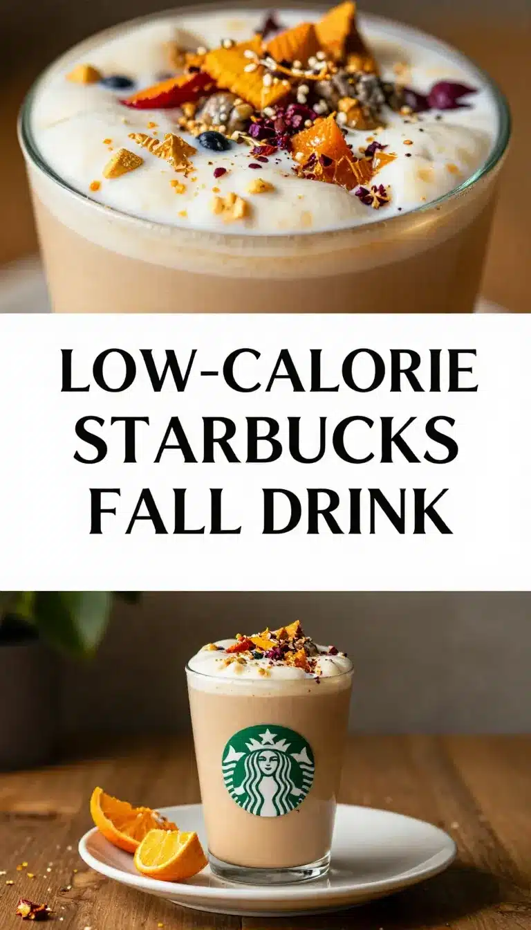 Low-Calorie Starbucks Fall Drink Recipe 9 A homemade low-calorie fall drink inspired by Starbucks, served in a glass mug with autumn decorations.