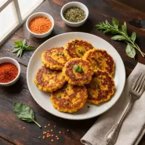 Golden-brown Masoor Dal Chilla served on a plate with chutney and garnish.
