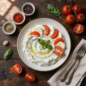 A bowl of easy Caprese dip garnished with fresh basil leaves and cherry tomatoes