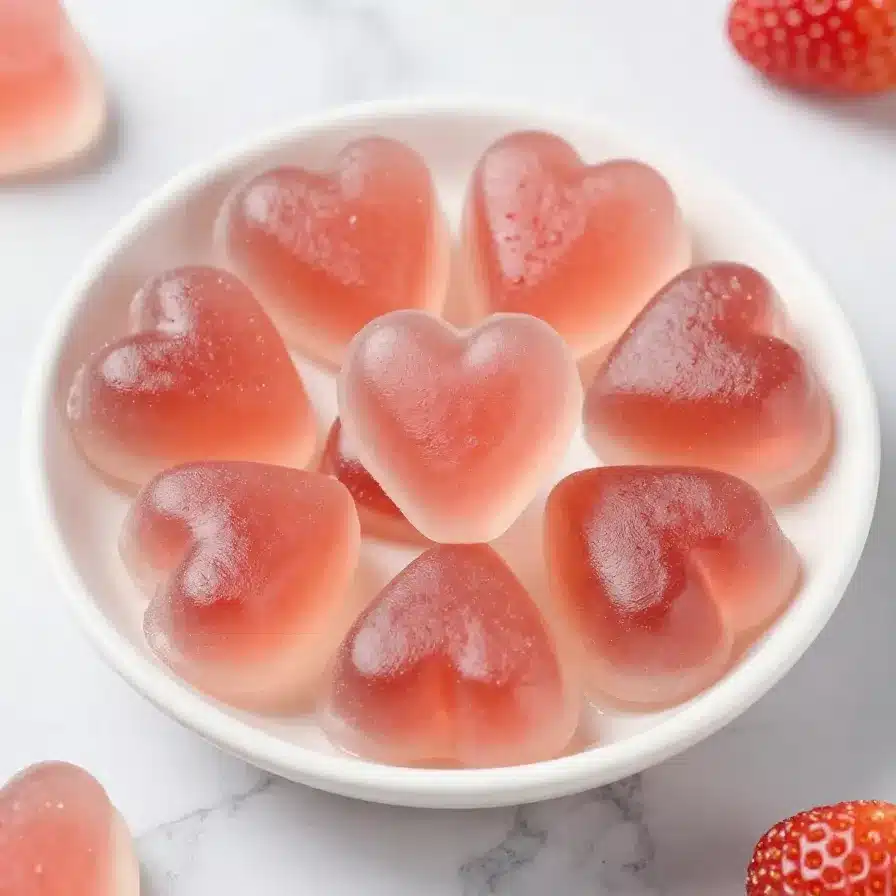 Four Ingredient Gut Friendly Strawberry Gummies 5 A close-up of homemade strawberry gummies made with four simple ingredients, displayed on a wooden table.