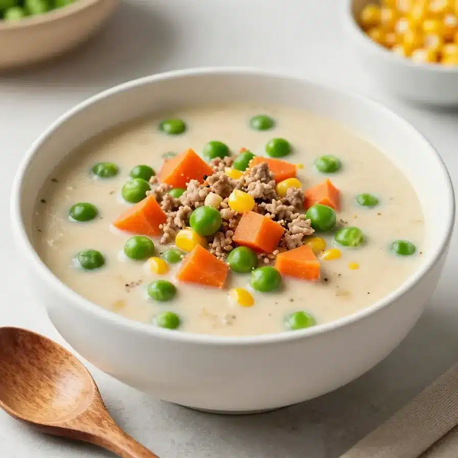Shepherd's Pie Soup 5 A warm bowl of Shepherd's Pie Soup topped with fresh herbs and a sprinkle of cheese