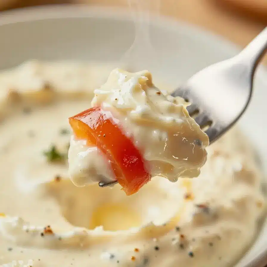 Easy Caprese Dip 5 A bowl of easy Caprese dip garnished with fresh basil leaves and cherry tomatoes