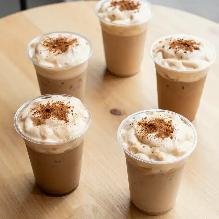 Pumpkin Chai Tea with Cold Foam 5 A glass mug filled with pumpkin chai tea topped with creamy cold foam, garnished with a sprinkle of cinnamon.