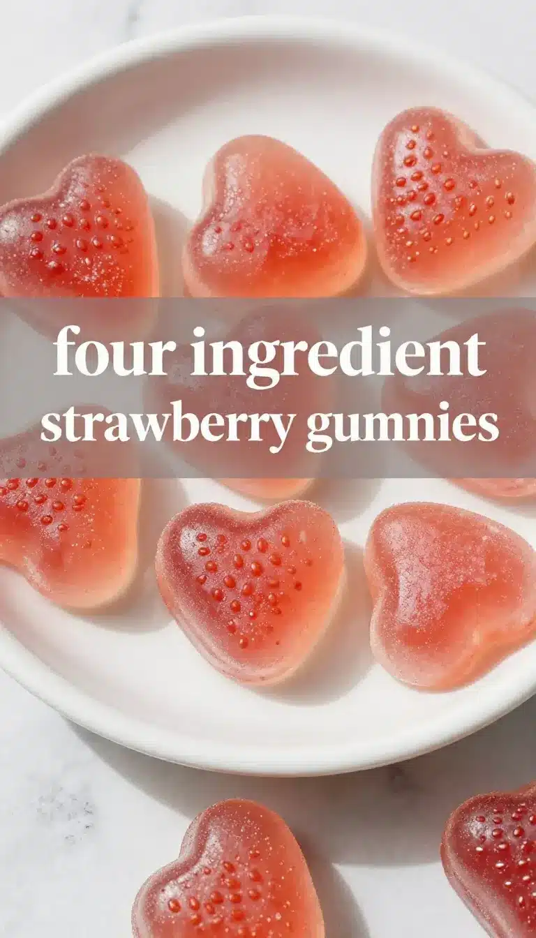 Four Ingredient Gut Friendly Strawberry Gummies 8 A close-up of homemade strawberry gummies made with four simple ingredients, displayed on a wooden table.