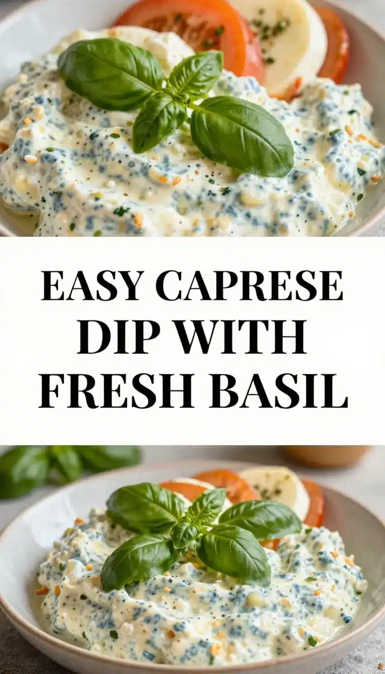 Easy Caprese Dip 8 A bowl of easy Caprese dip garnished with fresh basil leaves and cherry tomatoes