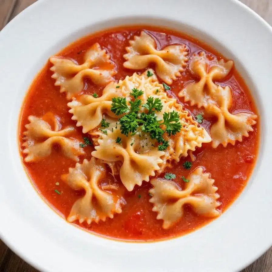 A steaming bowl of easy lasagna soup topped with melted cheese and fresh basil