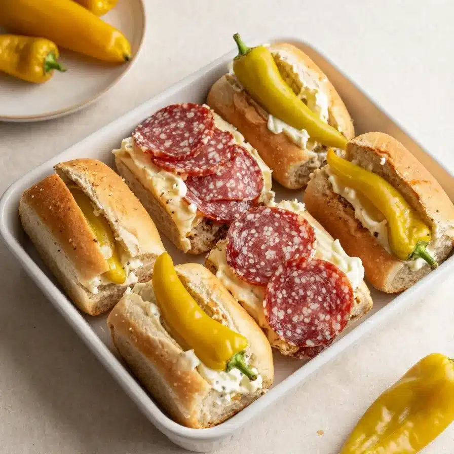 Hot Italian Sub Sliders 5 Delicious hot Italian sub sliders on a wooden platter