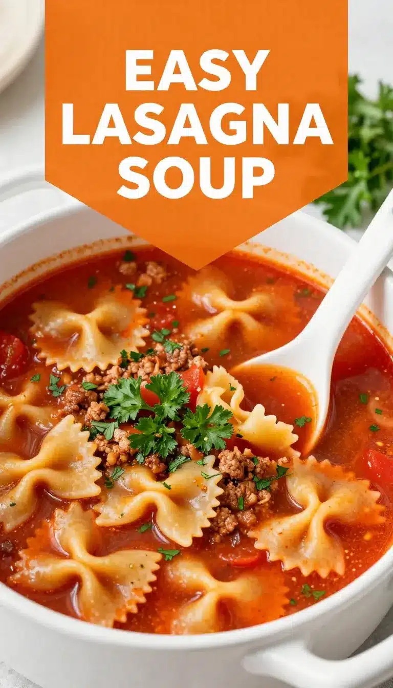 A steaming bowl of easy lasagna soup topped with melted cheese and fresh basil
