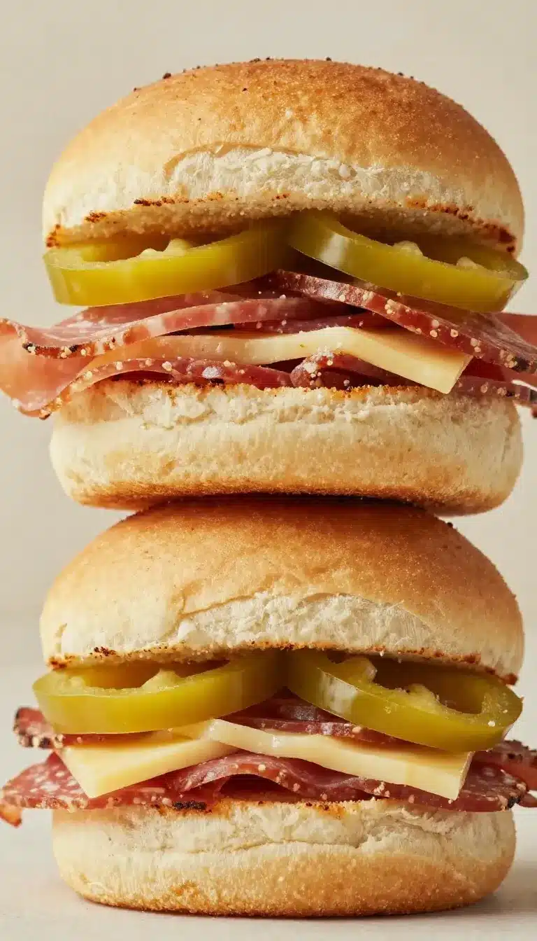 Hot Italian Sub Sliders 8 Delicious hot Italian sub sliders on a wooden platter