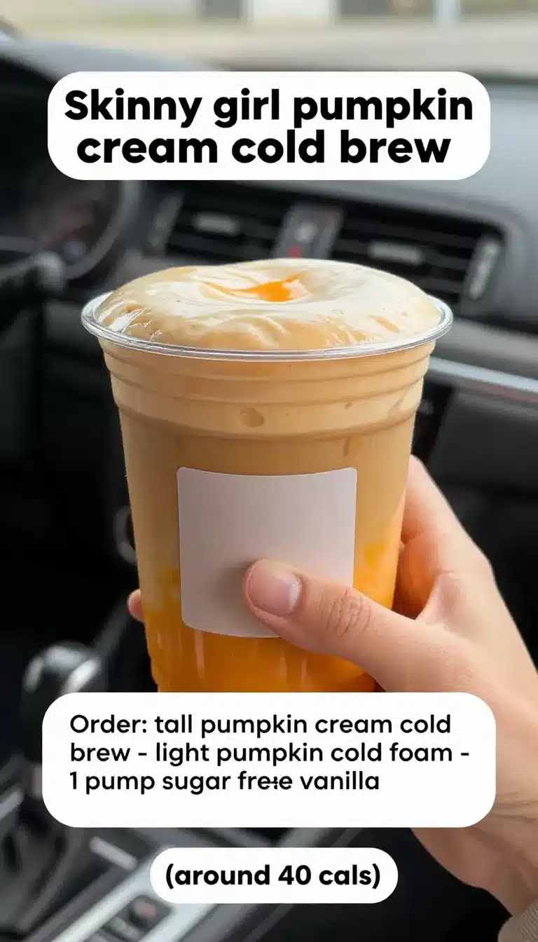 Skinny Pumpkin Cream Cold Brew 9 A glass of Skinny Pumpkin Cream Cold Brew topped with frothy pumpkin cream and sprinkled with cinnamon.
