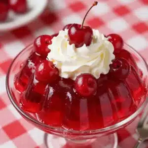 A vibrant Cherry Coca Cola Jello Salad served in a glass bowl garnished with cherries and whipped cream