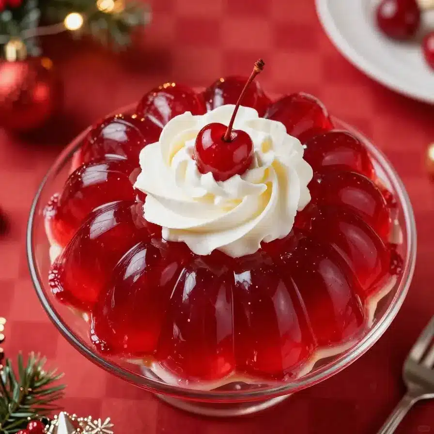 Cherry Coca Cola Jello Salad Recipe 5 A vibrant Cherry Coca Cola Jello Salad served in a glass bowl garnished with cherries and whipped cream
