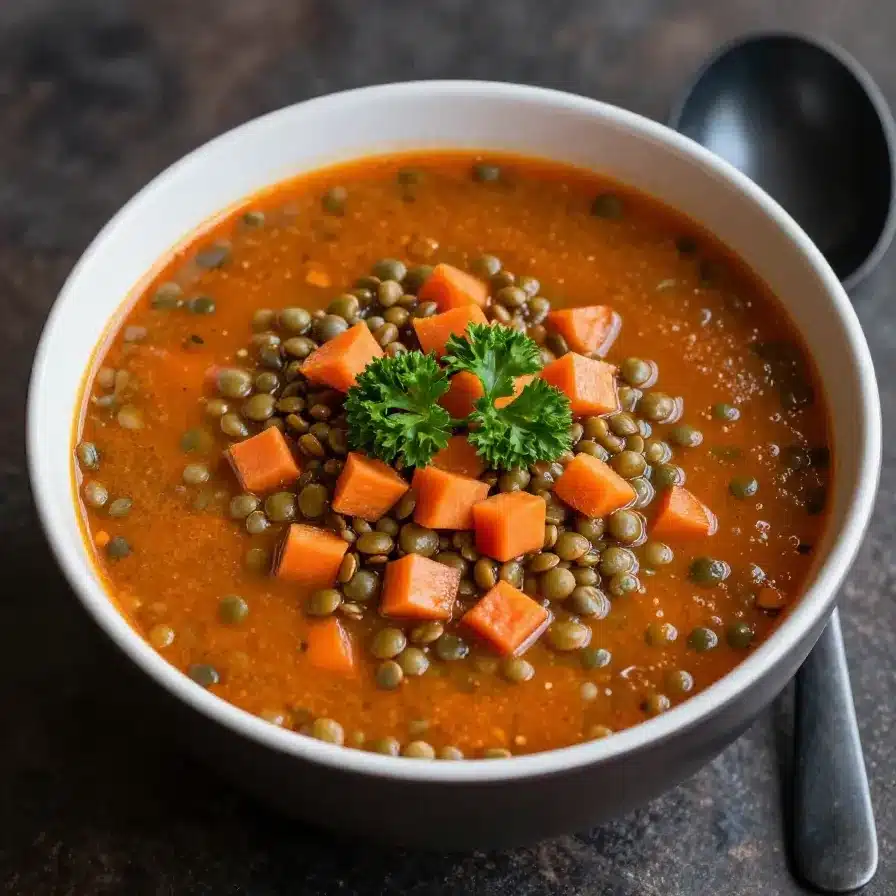 A warm bowl of sausage and lentil soup garnished with fresh parsley