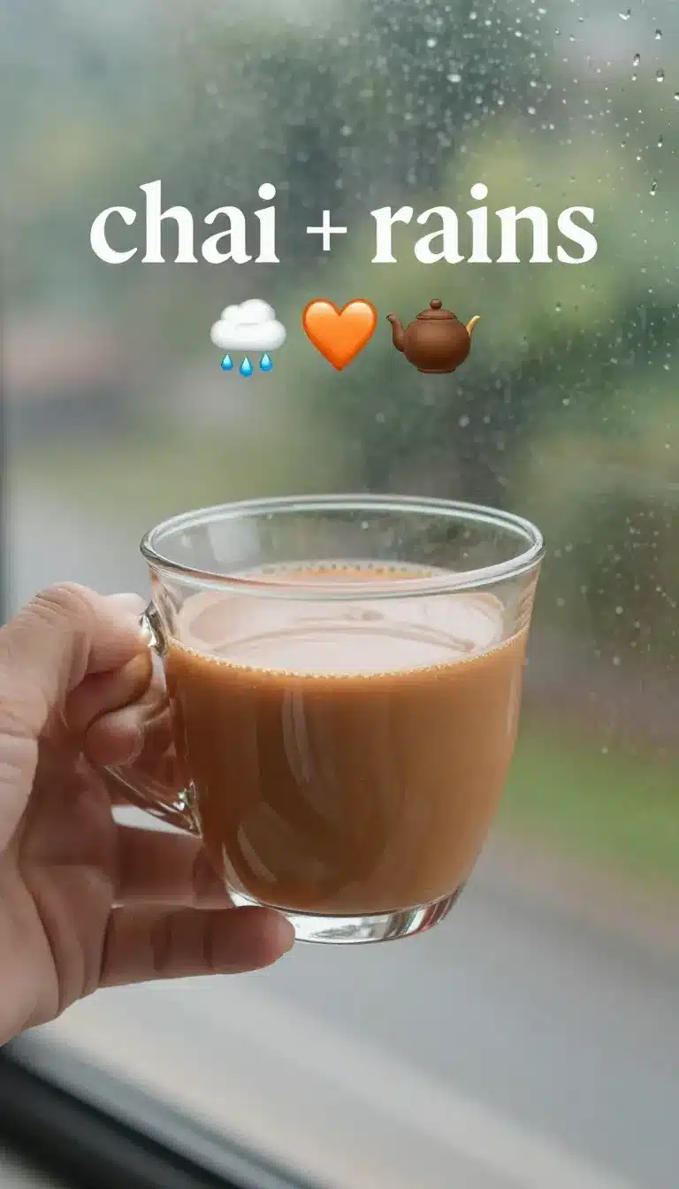 Chai and Rain Captions for Instagram 9 A steaming cup of chai placed by a window with raindrops on the glass.
