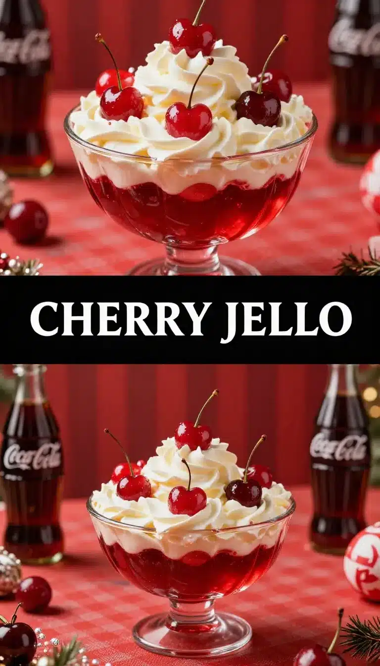 Cherry Coca Cola Jello Salad Recipe 9 A vibrant Cherry Coca Cola Jello Salad served in a glass bowl garnished with cherries and whipped cream