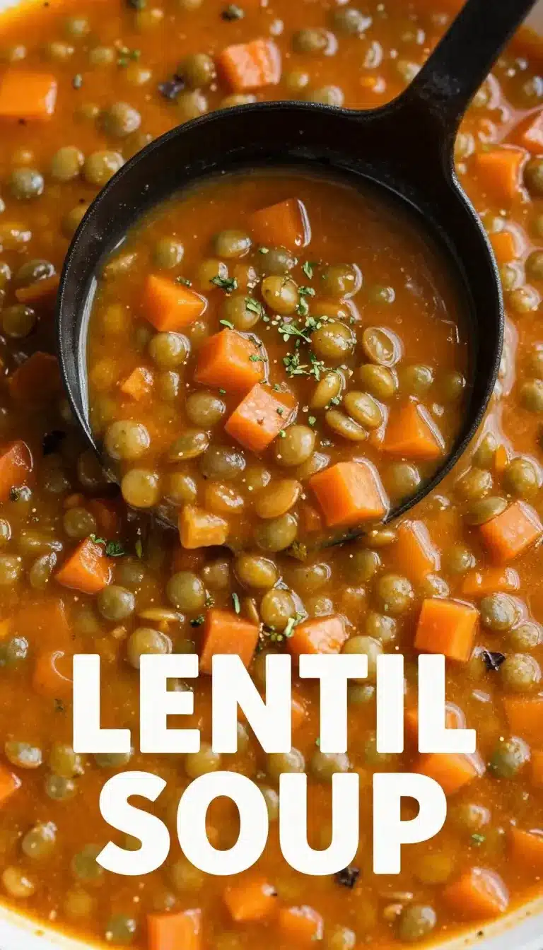 A warm bowl of sausage and lentil soup garnished with fresh parsley