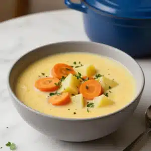 A bowl of vibrant vegan carrot potato soup garnished with fresh herbs