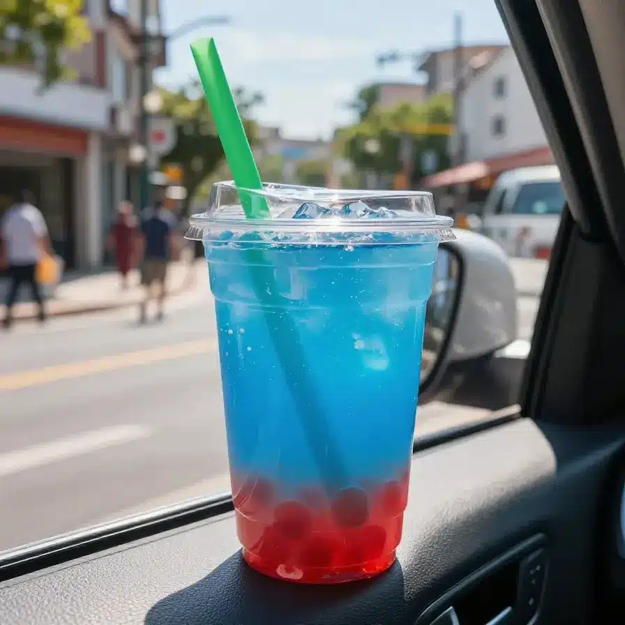 A refreshing Dutch Bros Watermelon Blue Raspberry Lemonade topped with vibrant strawberry popping boba