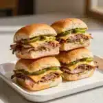 Hot Italian Sub Sliders 4 A plate of hot Italian sub sliders with melted cheese and fresh toppings