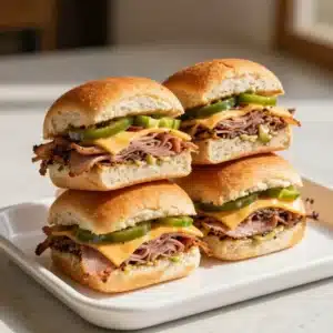 A plate of hot Italian sub sliders with melted cheese and fresh toppings