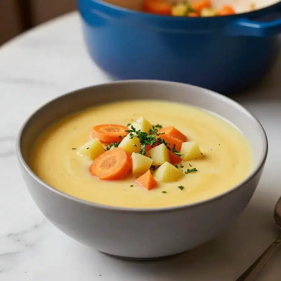 Vegan Carrot Potato Soup Recipe 5 A bowl of vibrant vegan carrot potato soup garnished with fresh herbs