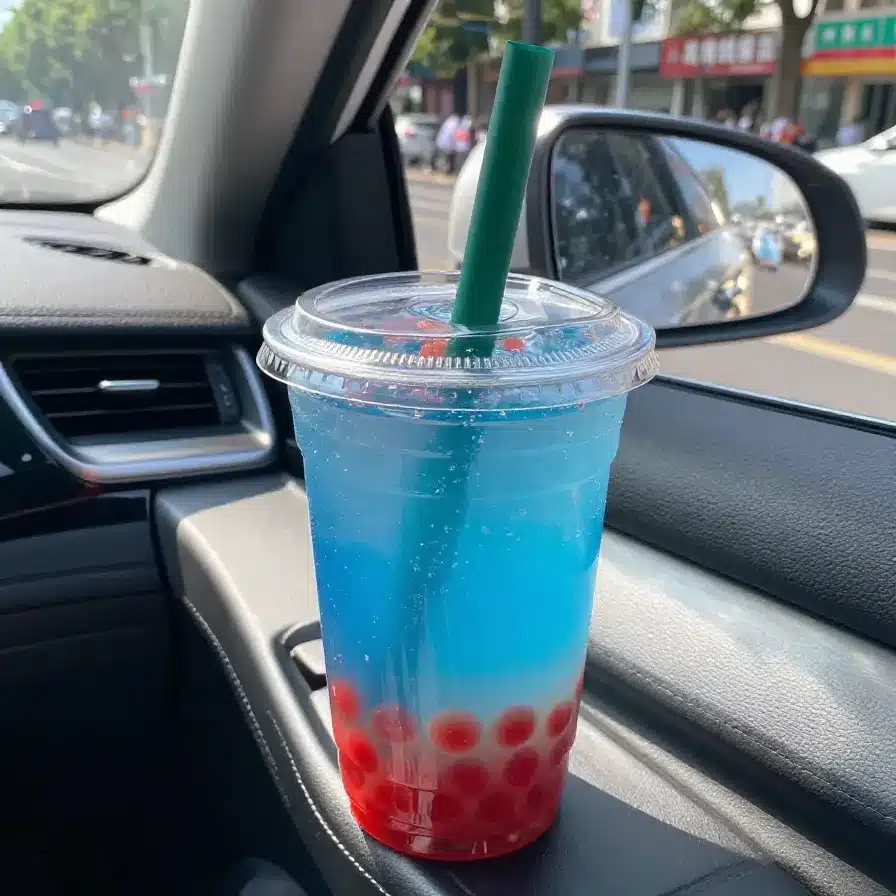A refreshing Dutch Bros Watermelon Blue Raspberry Lemonade topped with vibrant strawberry popping boba