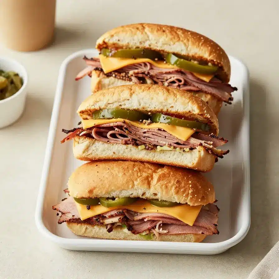A plate of hot Italian sub sliders with melted cheese and fresh toppings