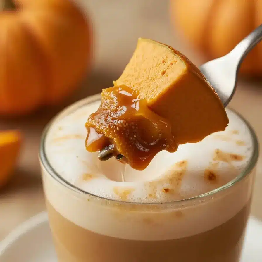 Caramel Pumpkin Chai Latte with Pumpkin Cold Foam 5 A steaming caramel pumpkin chai latte topped with creamy pumpkin cold foam in a ceramic mug.