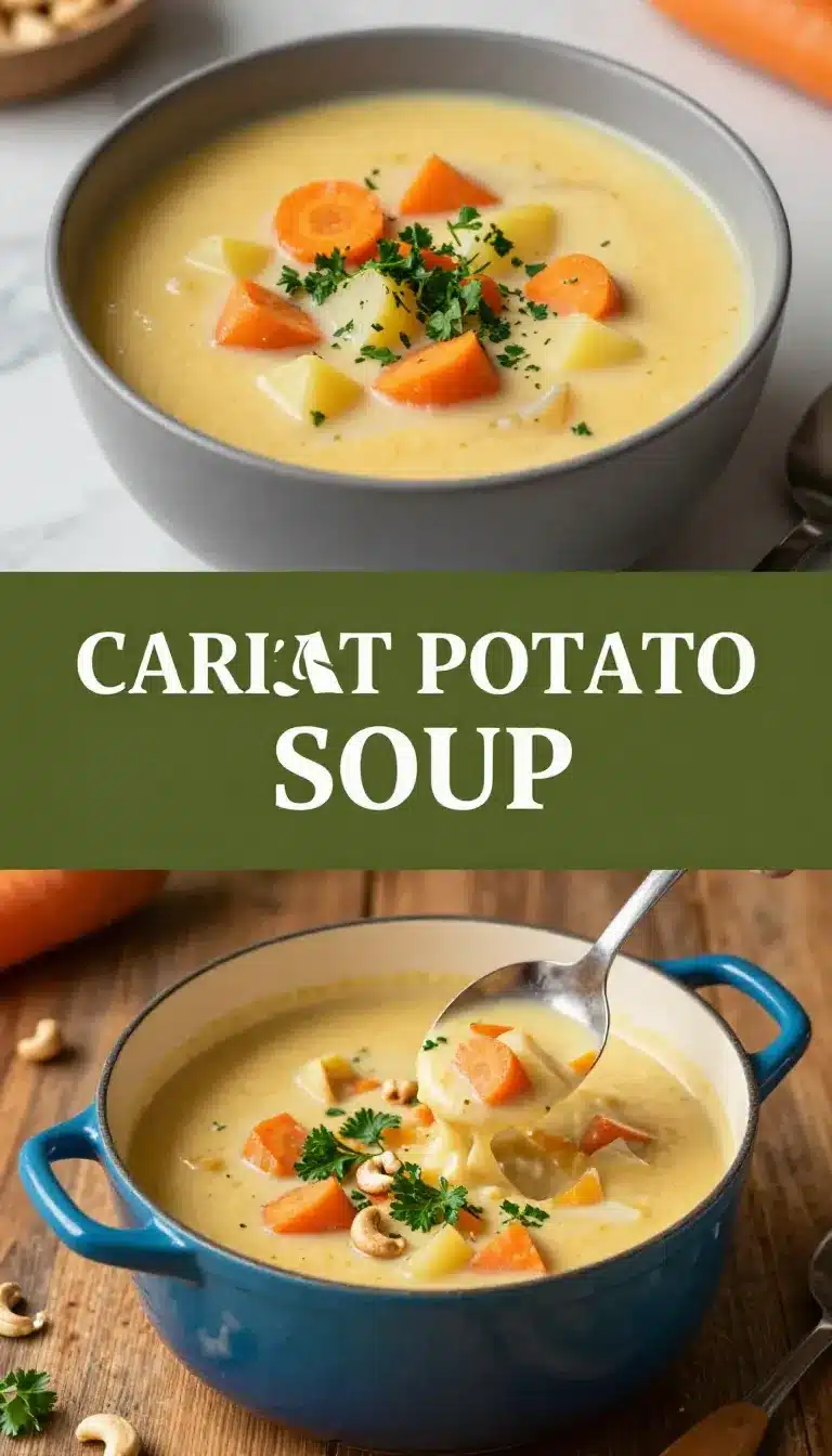 Vegan Carrot Potato Soup Recipe 9 A bowl of vibrant vegan carrot potato soup garnished with fresh herbs