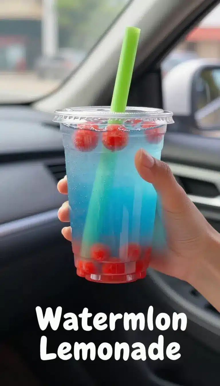 A refreshing Dutch Bros Watermelon Blue Raspberry Lemonade topped with vibrant strawberry popping boba