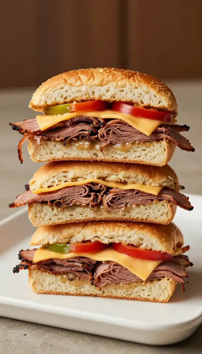 A plate of hot Italian sub sliders with melted cheese and fresh toppings