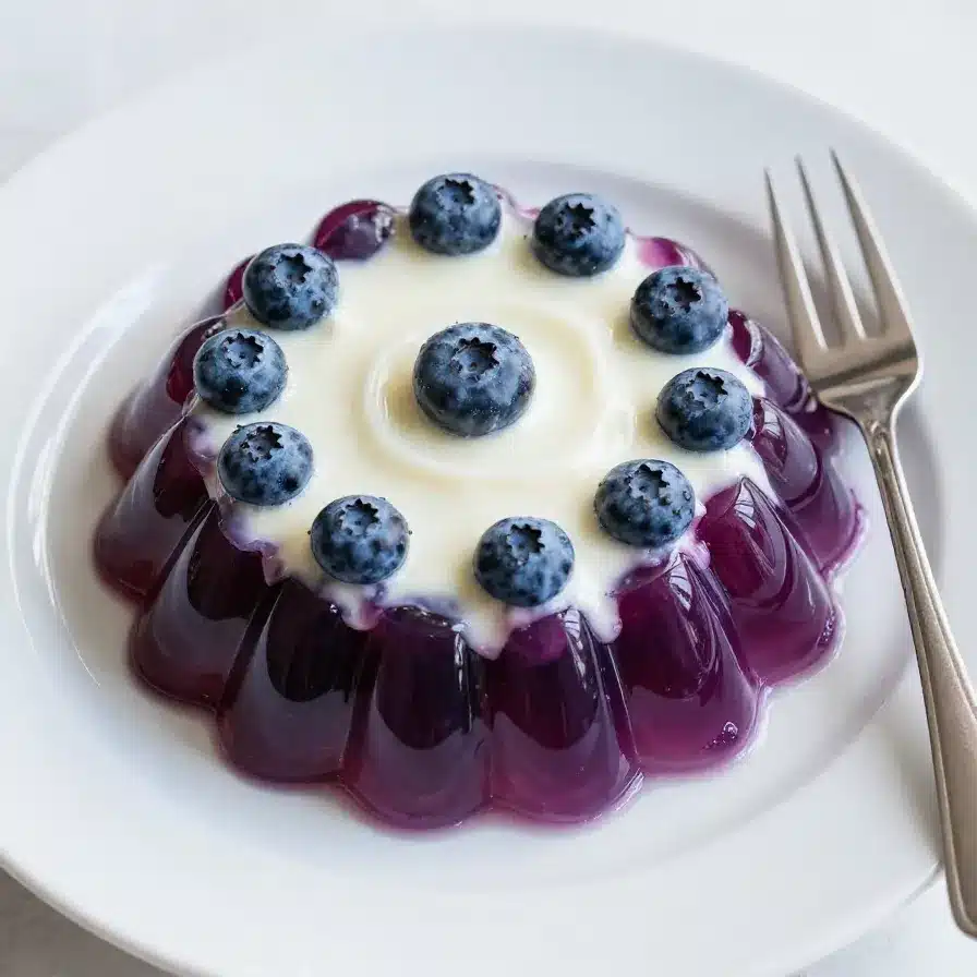 A colorful bowl of blueberry jello salad topped with fresh blueberries and whipped cream
