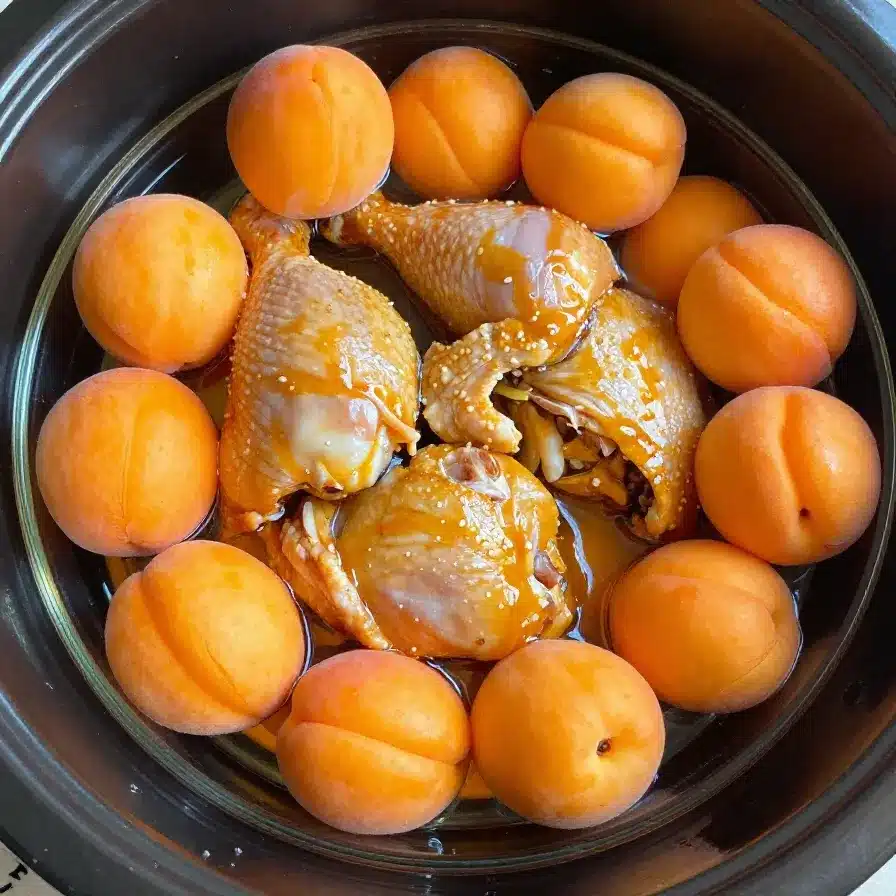 Delicious slow cooker apricot chicken served with rice and vegetables