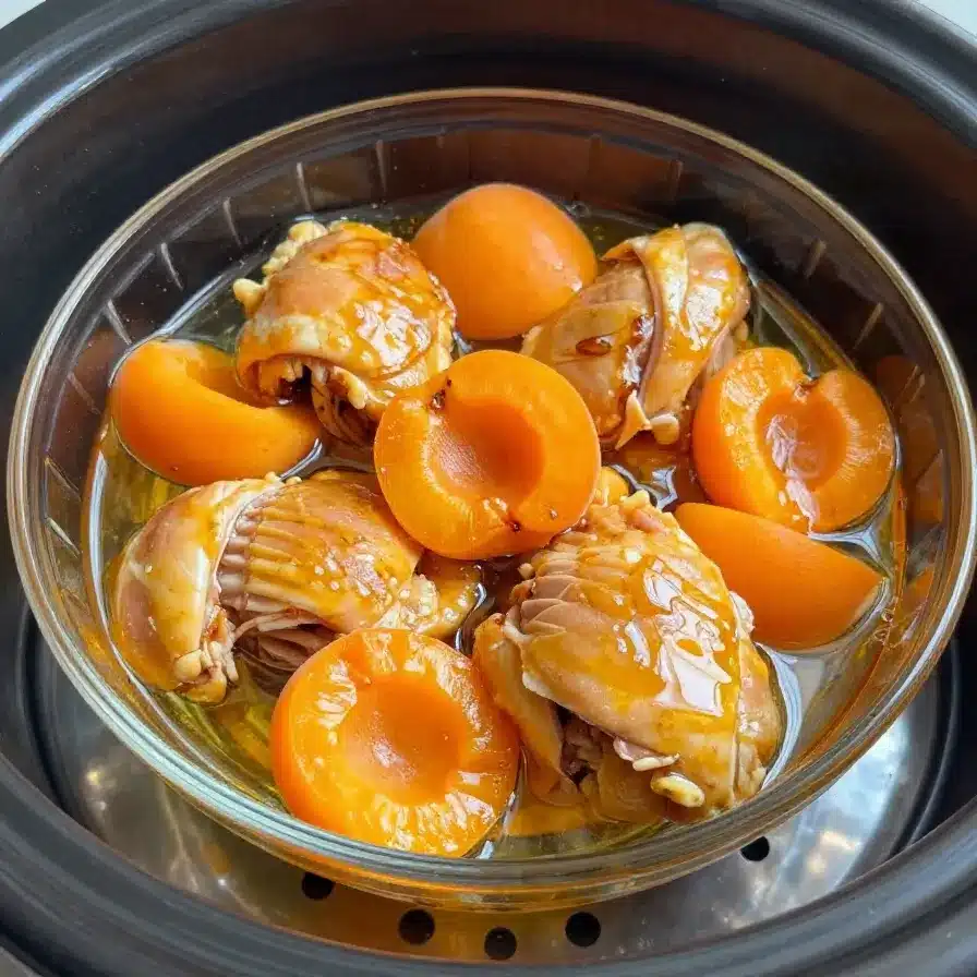 Slow Cooker Apricot Chicken Recipe 5 Delicious slow cooker apricot chicken served with rice and vegetables