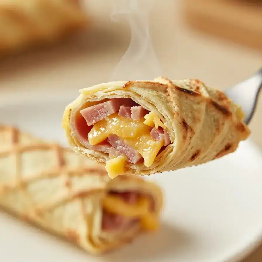 Close-up of freshly baked ham and cheese pinwheels on a wooden plate.