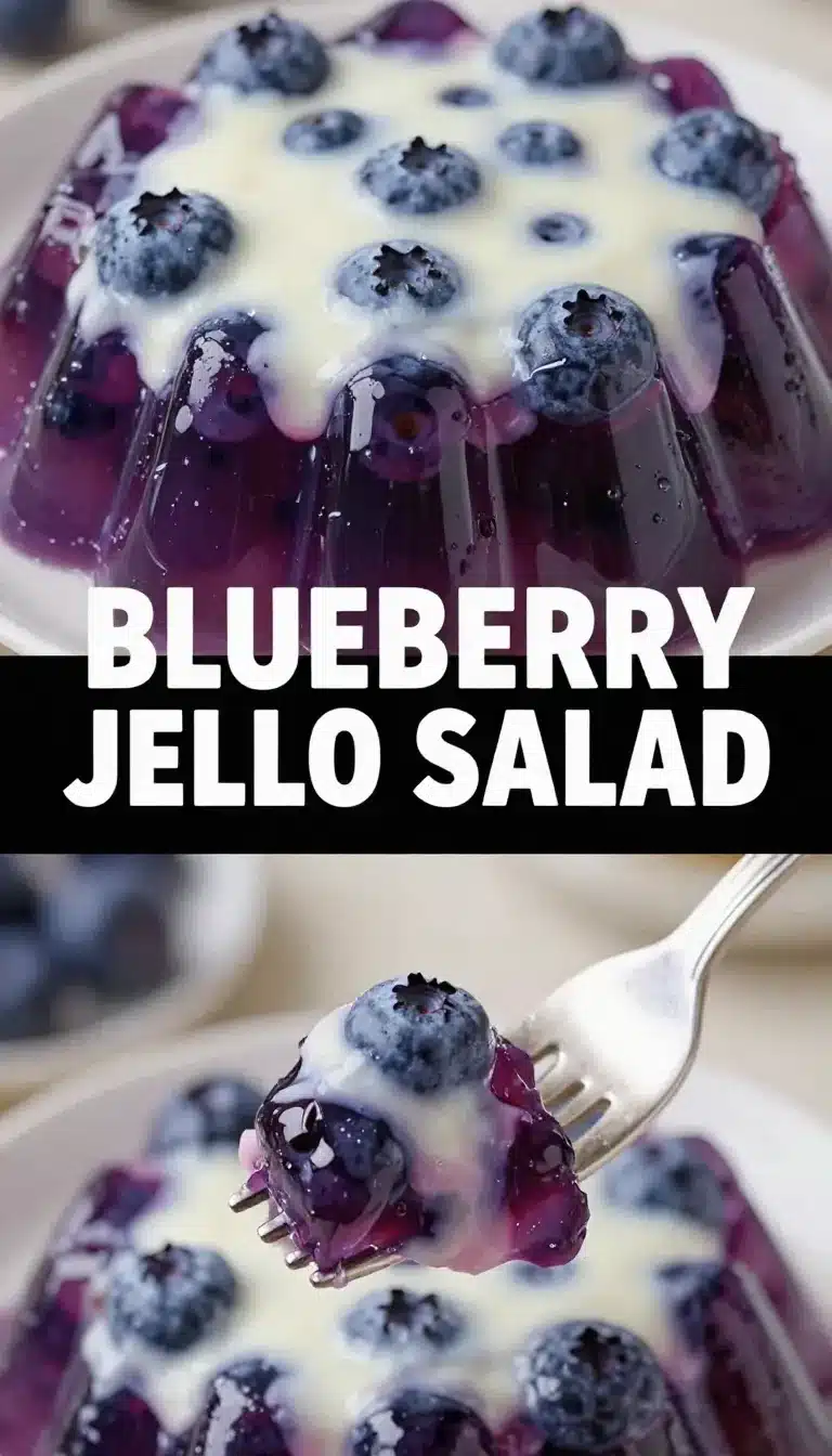 Blueberry Jello Salad 9 A colorful bowl of blueberry jello salad topped with fresh blueberries and whipped cream