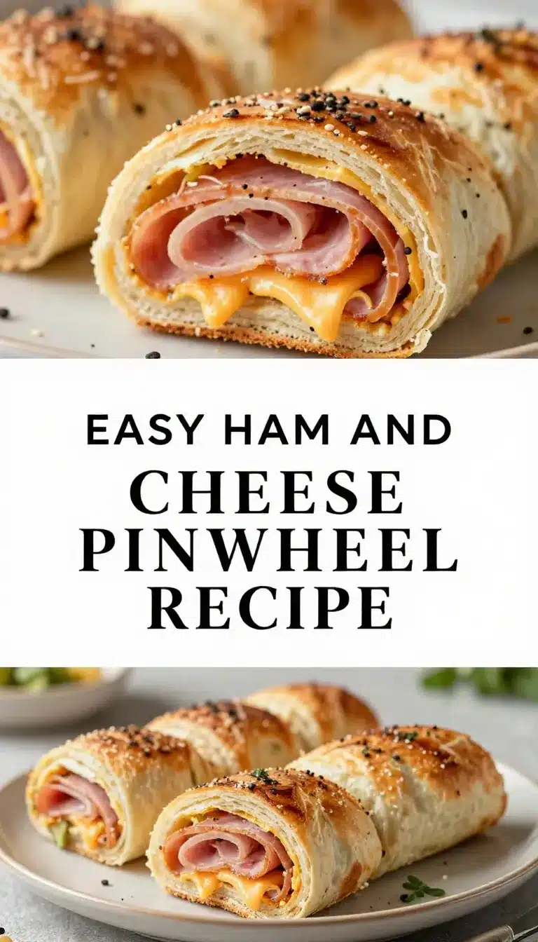 Close-up of freshly baked ham and cheese pinwheels on a wooden plate.