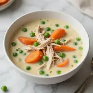 A bowl of creamy chicken pot pie soup topped with fresh herbs and flaky pastry pieces