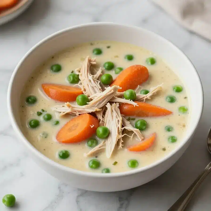 Chicken Pot Pie Soup Recipe 7 A bowl of creamy chicken pot pie soup topped with fresh herbs and flaky pastry pieces