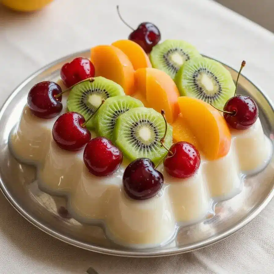 Gelatina de Queso Crema con Frutas: Postre Suave, Cremoso y Muy Colorido 5 A colorful dessert made of cream cheese gelatin topped with assorted fresh fruits.