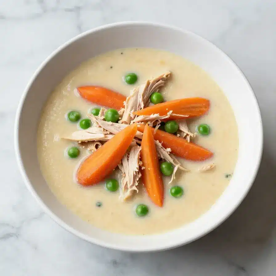 Chicken Pot Pie Soup Recipe 5 A bowl of creamy chicken pot pie soup topped with fresh herbs and flaky pastry pieces