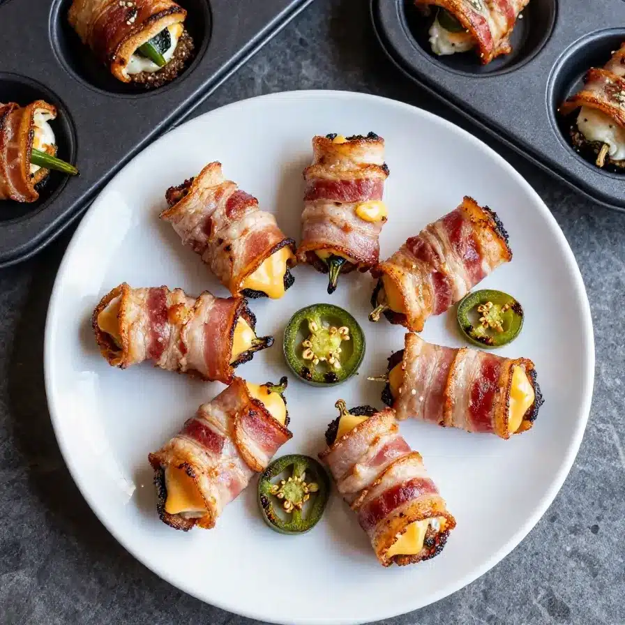 Pig Shots (Oven-Baked Recipe) 5 Close-up of oven-baked pig shots wrapped in crispy bacon and topped with melted cheese.