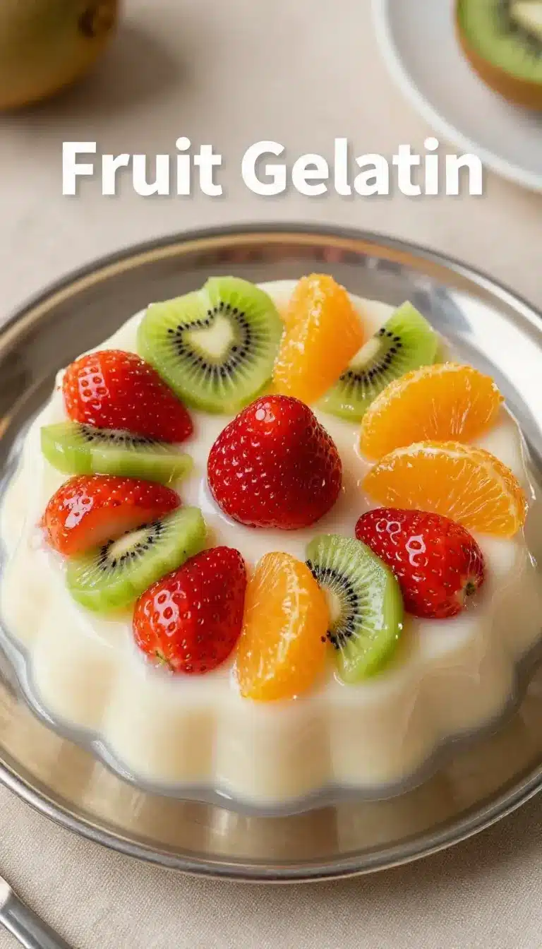 Gelatina de Queso Crema con Frutas: Postre Suave, Cremoso y Muy Colorido 9 A colorful dessert made of cream cheese gelatin topped with assorted fresh fruits.