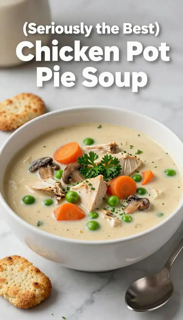 Chicken Pot Pie Soup Recipe 8 A bowl of creamy chicken pot pie soup topped with fresh herbs and flaky pastry pieces
