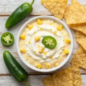 A creamy and colorful crack corn dip served in a bowl with tortilla chips on the side.